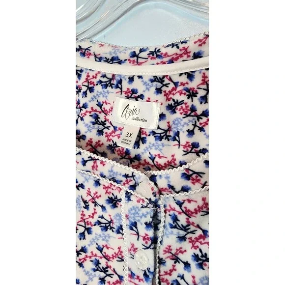 Aria Collection Nightgown Womens 3X Blue Pink Floral Long Sleeve Fleece Pockets - Picture 2 of 10